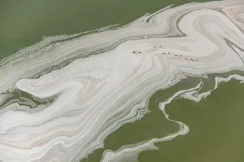 Lake Magadi met flamingo's vanuit vogelperspectief